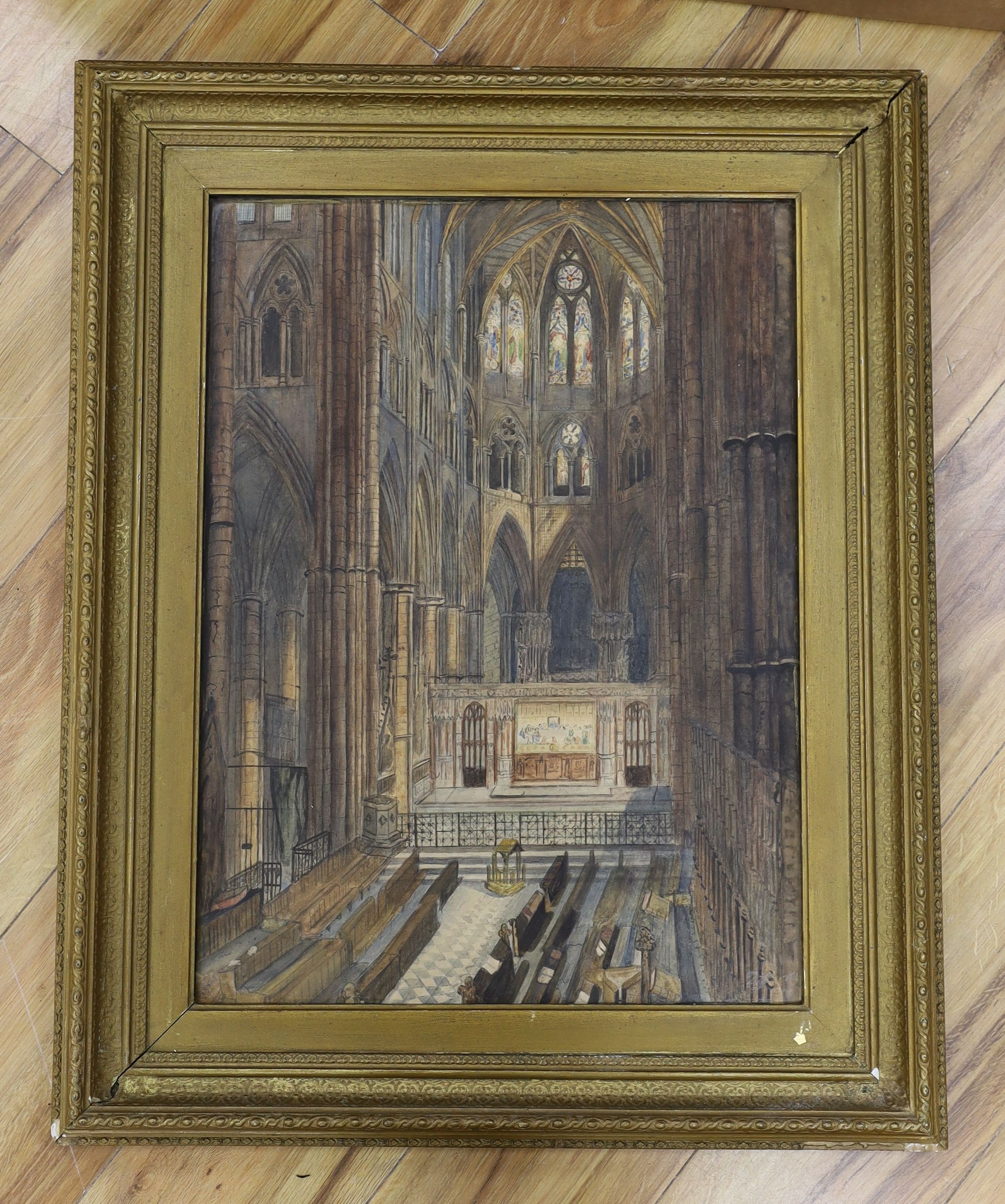 SL (19th C.), watercolour, Interior of Westminster Abbey from the old organ screen, c.1865, monogrammed, 58 x 42cm